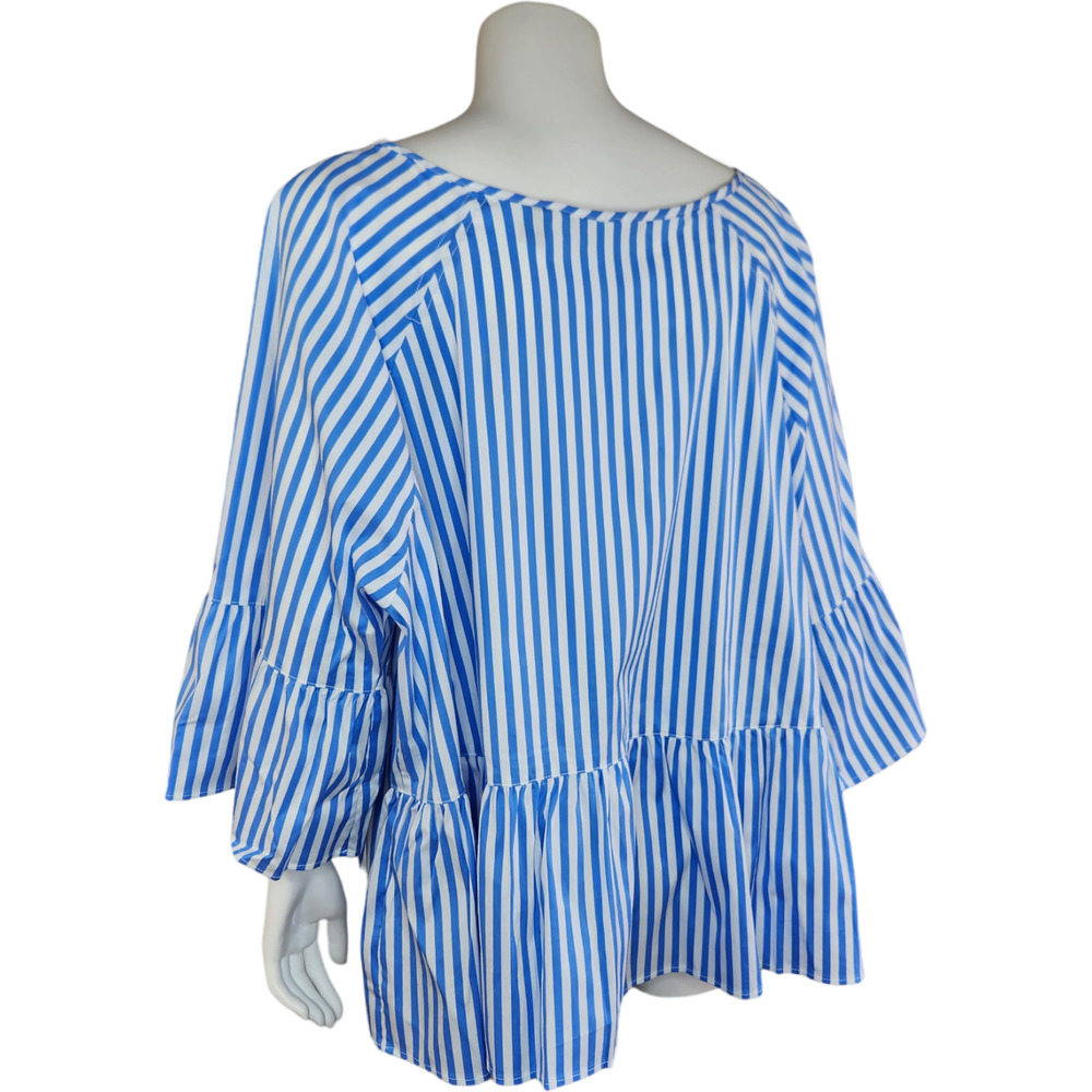 Lands End Popover Blouse Peplum Bell Sleeve Scoop Neck Striped Blue White 24W - Picture 5 of 11